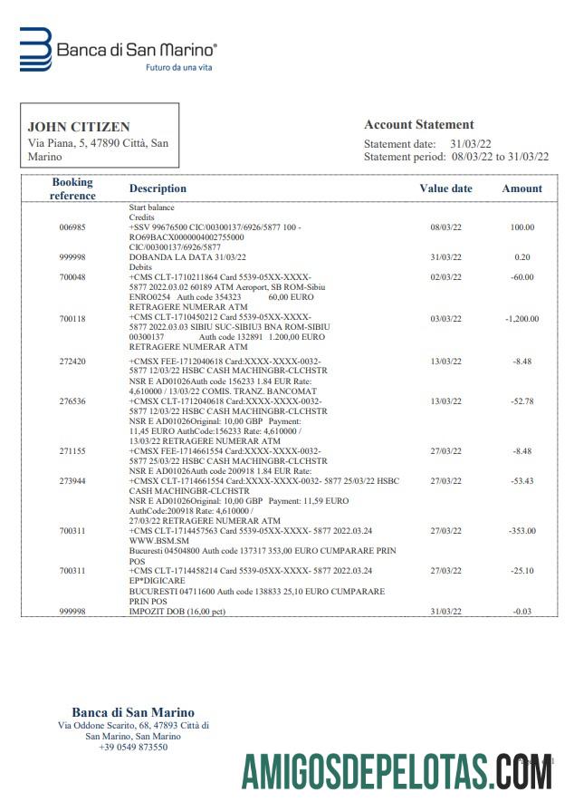 Modelo de extrato bancário do San Marino Banca Di San Marino